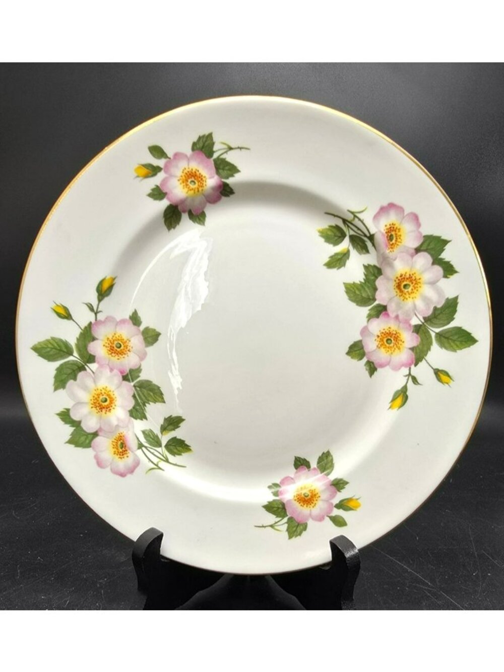 Vintage Bone China Floral Plate Wild Roses & Gold Trim England 8.25" VL5011